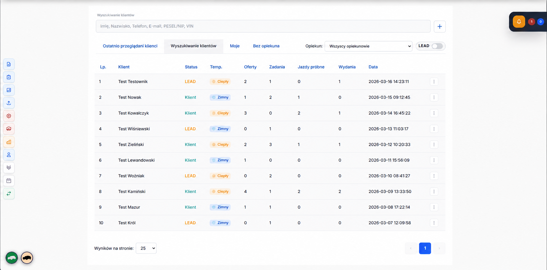 Zrzut ekranu: Sprzedaż i klienci